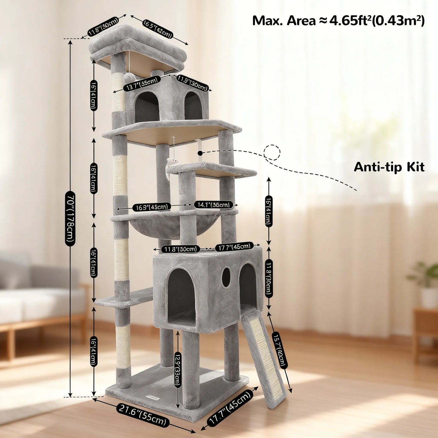 Cat Castle Tower: 70-Inch Height with Scratching Posts, Hammock, and Cozy Condos
