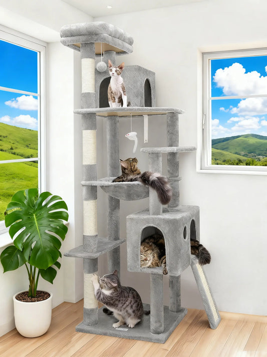 Cat Castle Tower: 70-Inch Height with Scratching Posts, Hammock, and Cozy Condos