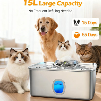 Efficient Clean Water Fountain: 15L Stainless Steel, LED Indicator, Energy Saving
